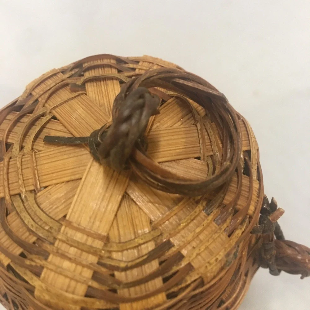 Woven Bamboo Mini Trinket Basket Unisex Brown Handcrafted Lid Cottagecore Boho